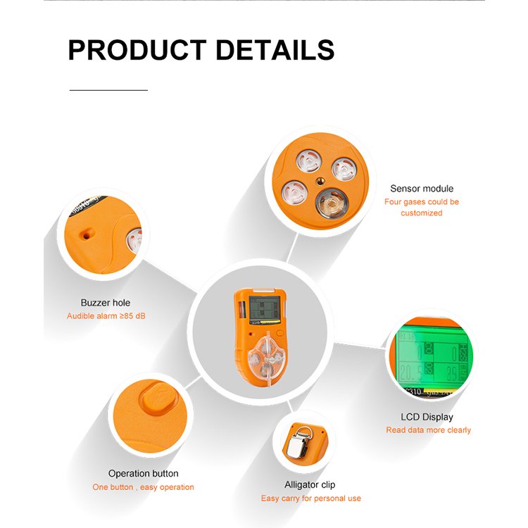 Hot Sale Portable 4 in 1 Multi Gas Detector O2 H2S CO CH4 gas bacth detector h2s with Alarm