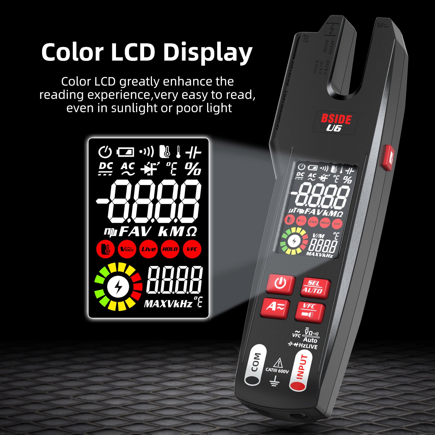BSIDE U6 BSIDE DC AC Clamp Meter Electrical Amp Tester Open Jaw Ammeter Infrared Thermometer Smart Mode 9999 Counts Multimeter