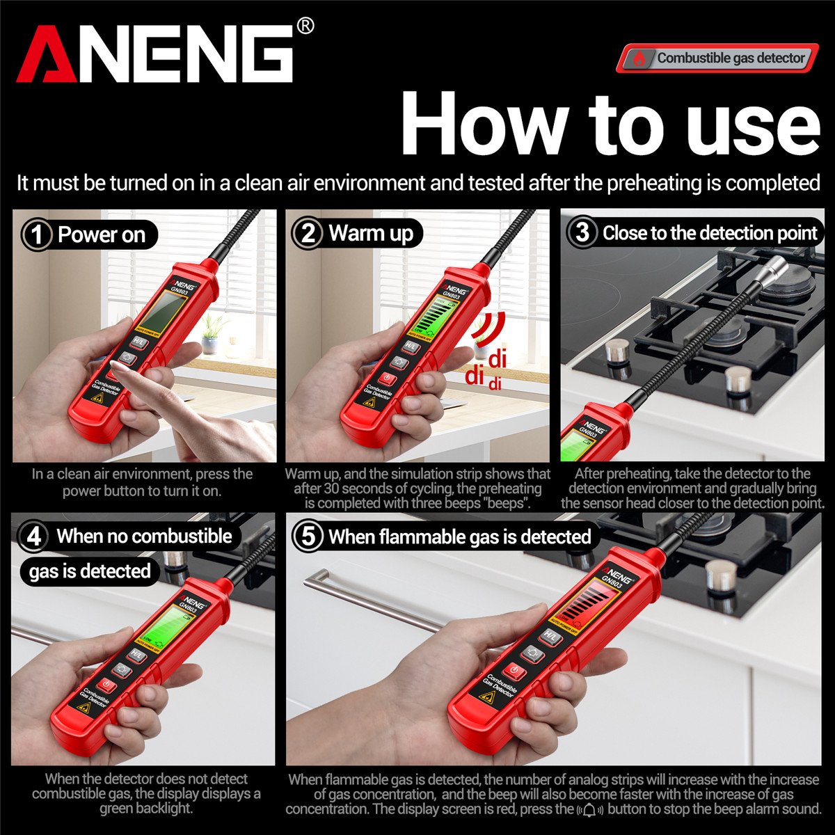 ANENG GN803 Handheld Gas Leak Detector Methane Combustible Gas Testers Portable Gases Concentration Analyzer Meter Leakage Tools