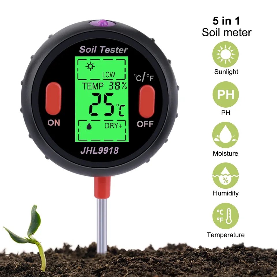Best Digital 5In 1 Soil Ph Meter Professional Lcd Display Temperature Moisture Sunlight Ph Garden Plants Soil Tester Meter