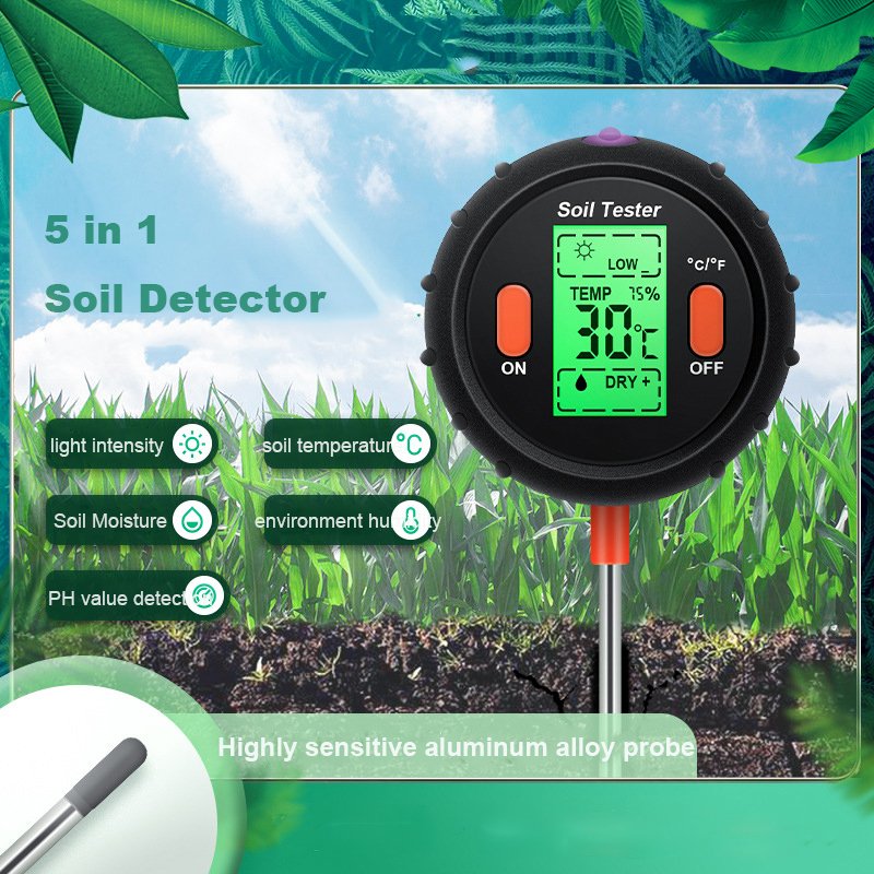 Best Digital 5In 1 Soil Ph Meter Professional Lcd Display Temperature Moisture Sunlight Ph Garden Plants Soil Tester Meter