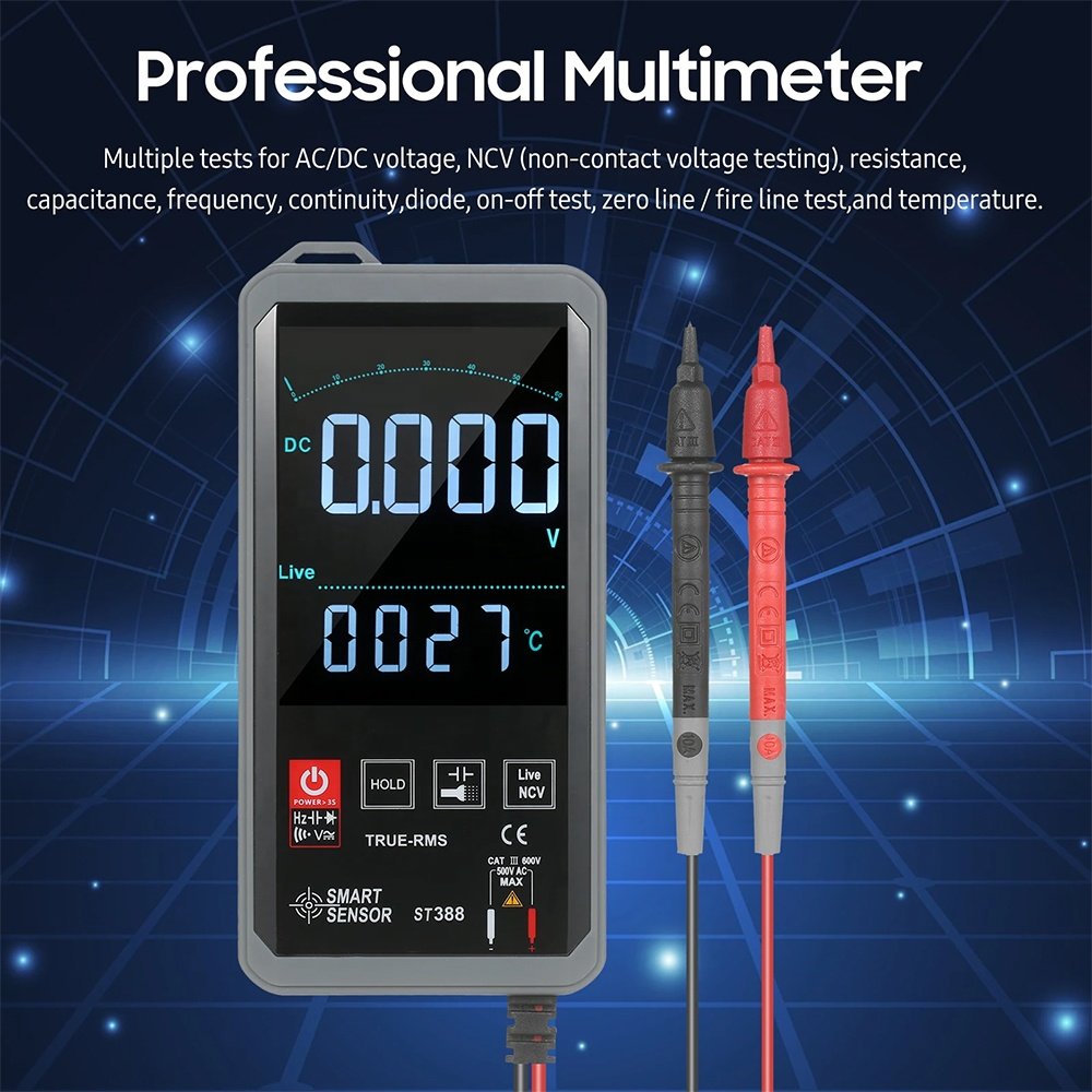 Smart Sensor ST388 Digital Autoranging Digital Multimeter with Audible NCV True RMS 6000 Counts Backlit Universal Meter Tester