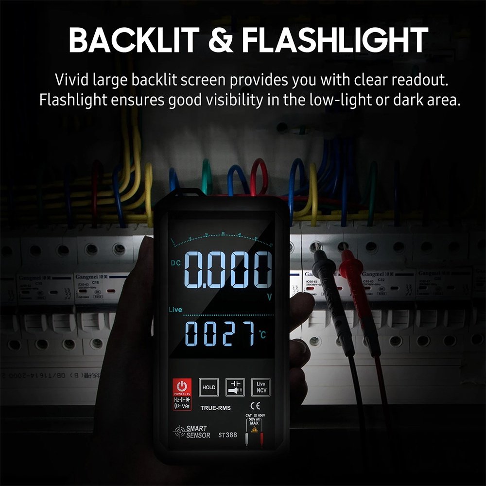 Smart Sensor ST388 Digital Autoranging Digital Multimeter with Audible NCV True RMS 6000 Counts Backlit Universal Meter Tester