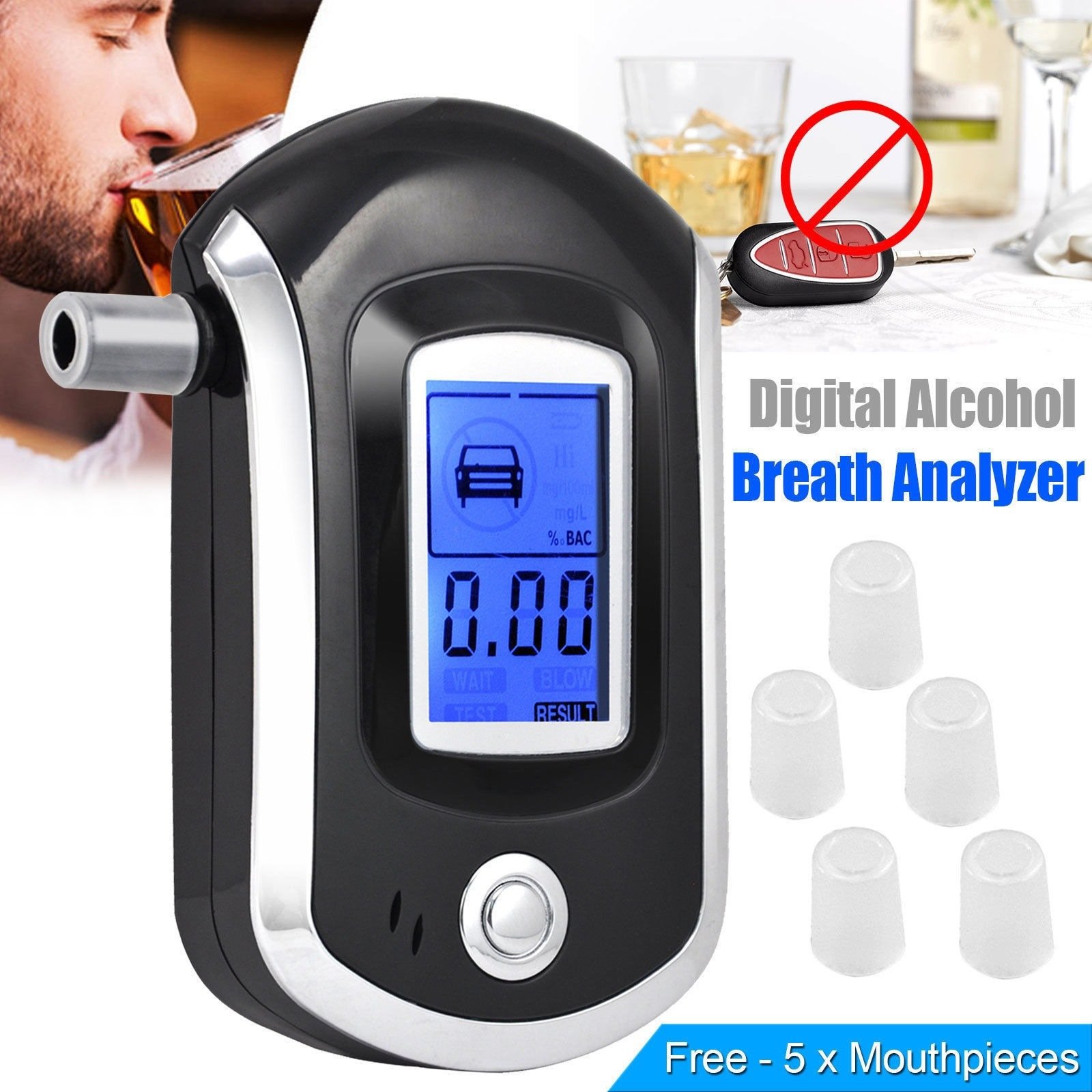 Custom Logo Digital Breathalyzer 3 Digit Lcd Display Tester Alcohol With Blue Backlight