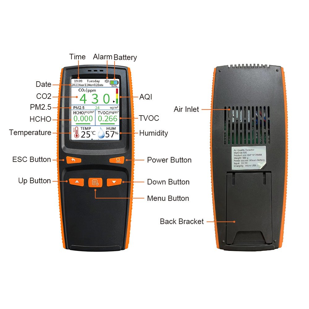 Handheld co2 monitor with NDIR sensor PM2.5 detector CO2 alarm carbon dioxide tester HCHO TVOC gas analyzer CO2 meter price low