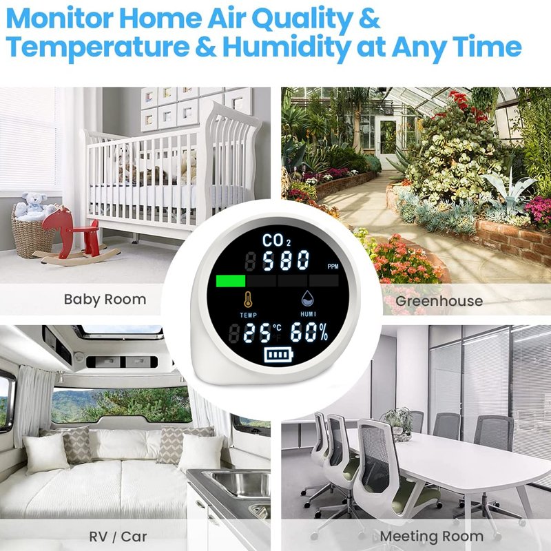 Home Use Smart Air Quality Monitor Infrared Sensor Carbon Dioxide Meter CO2 Detector Temperature Humidity Tester with Alarm