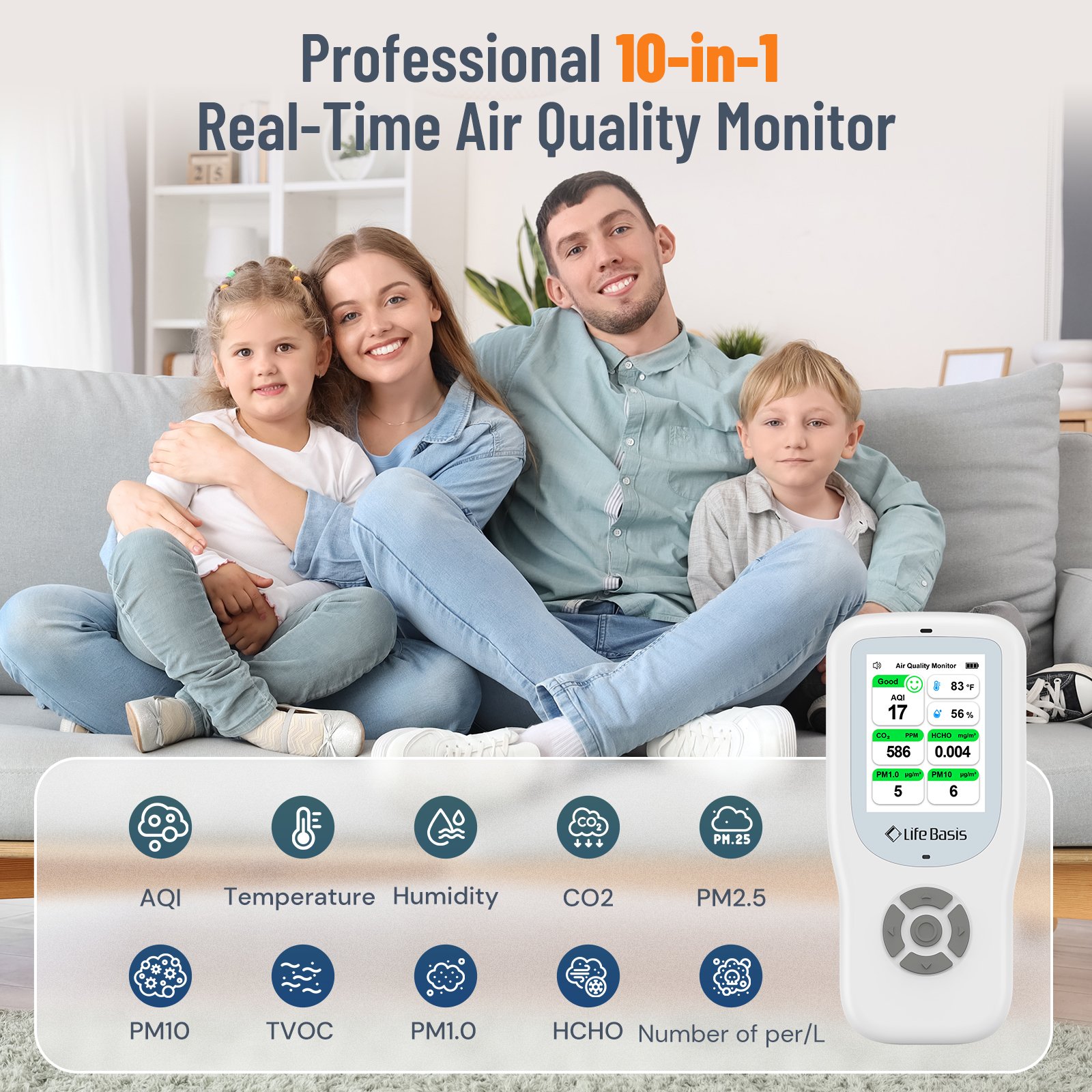 Formaldehyde Temperature & Humidity Meter Sensor Tester PM2.5/PM10/PM1.0 Micron Dust TVOC Gas Air Quality Pollution Monitor