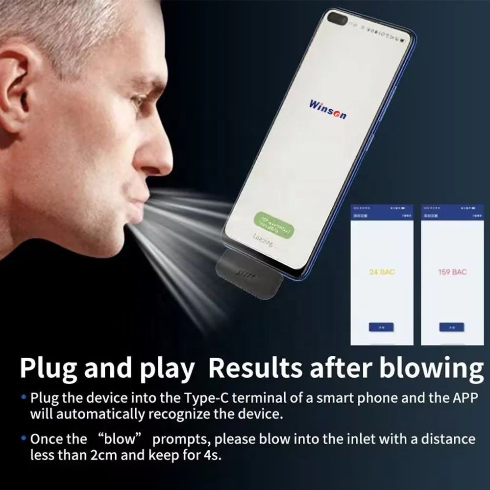 Mini Portable Breath Analyzer Alcohol Tester Plug-in Powered on the Phone USB Type C