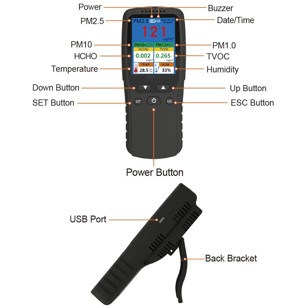 Handheld Air Quality Monitor PM2.5 PM1.0 PM10 HCHO TVOC Gas Analyzer Indoor/Outdoor PM2.5 Gas Detector Digital Tester Meter