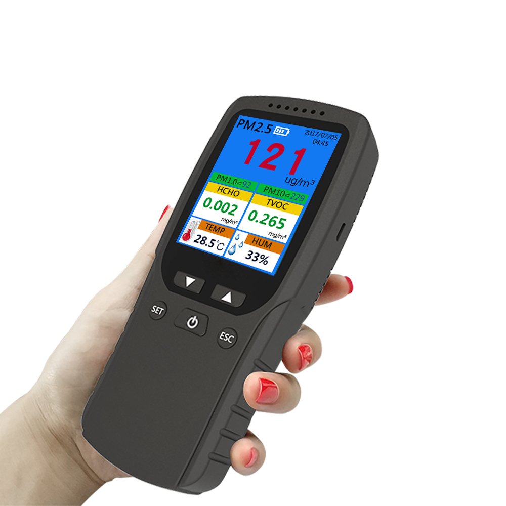 Handheld Air Quality Monitor PM2.5 PM1.0 PM10 HCHO TVOC Gas Analyzer Indoor/Outdoor PM2.5 Gas Detector Digital Tester Meter