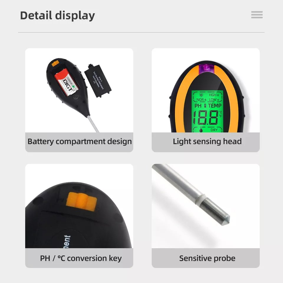 4 In 1 Soil Ph Meter Detector Digital Soil Ph Tester Plant Soil Moisture Meter For Gardening Indoor Outdoor