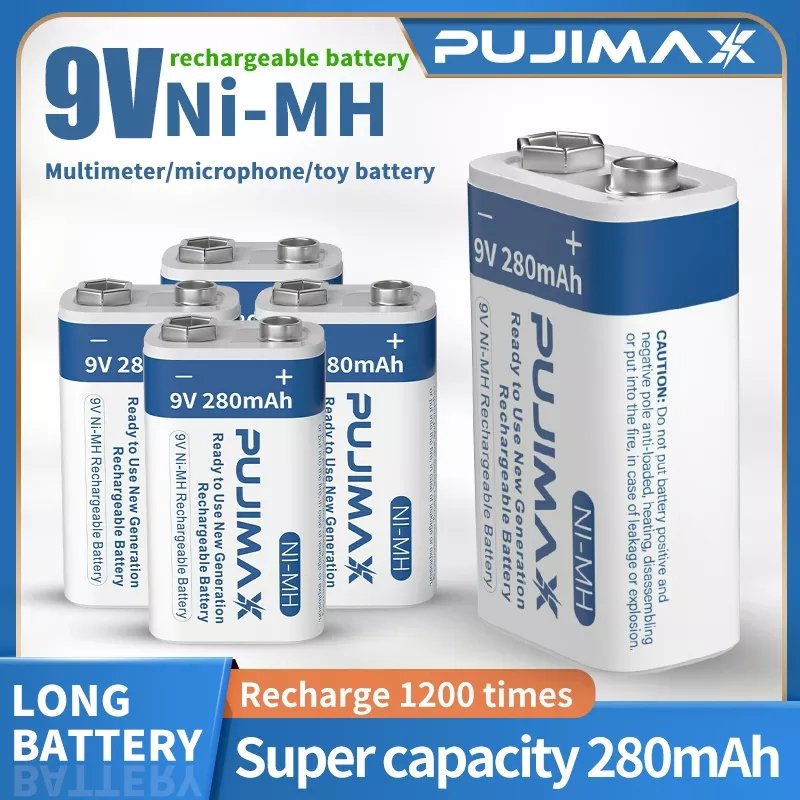 PUJIMAX Hot sale rechargeable 9v nimh battery 280mAh Ni-MH batteries 9v 1pcs 6f22 9v battery for Wireless Microphones Multimeter