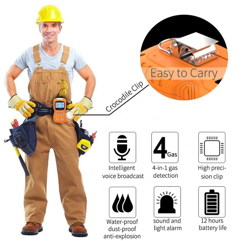 Portable 4 In 1 LCD Display H2S / O2 / CO / Ex Rechargeable Lithium Battery Operated Portable Multi Gas Detector