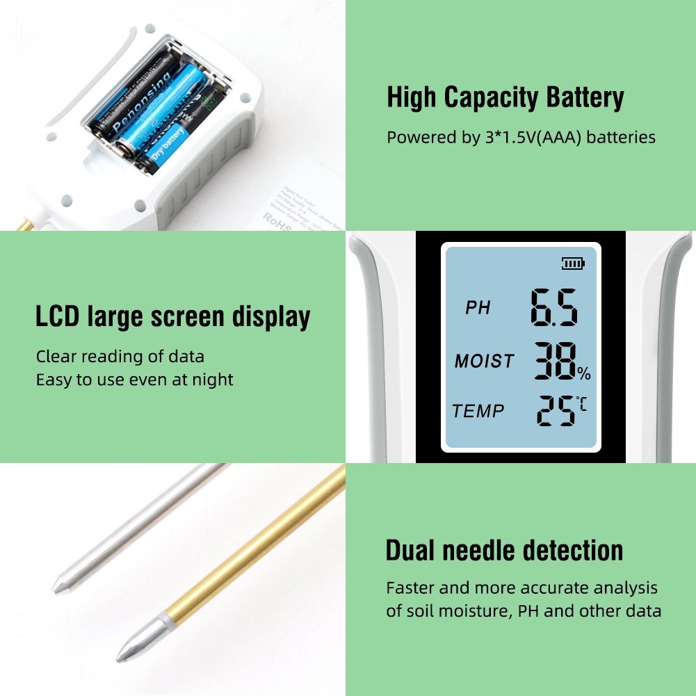 LCD Display Backlight 3 in 1 Garden Flowers Sensor Plants Acidity Humidity Detector PH Meter Soil Moisture Tester