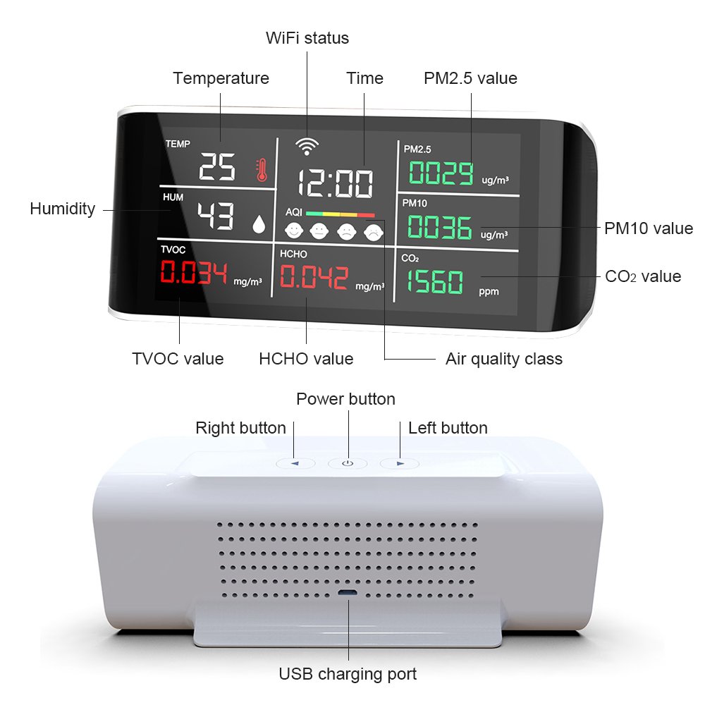 10 in 1 Multi-functional Air Quality Tester Tuya WiFi Real-time Monitoring Data Export Storage & Download