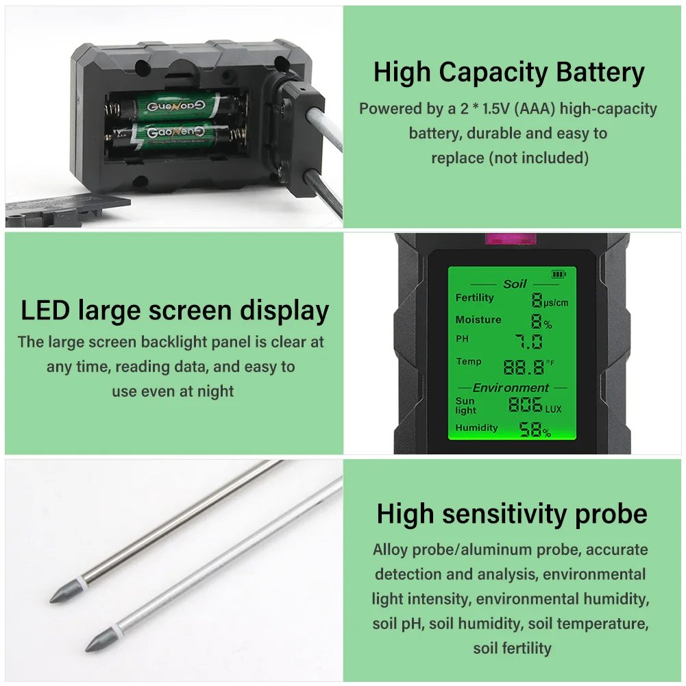 2024 New Arrival 6 in 1 Soil Fertility Meter PH Mositure Sunlight Humidity Fertility Soil Detector