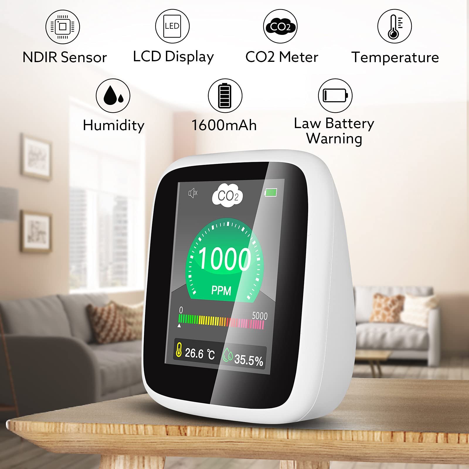 Indoor CO2 Meter CO2 Monitor for Home Temperature Carbon Dioxide Detector Air Quality Monitor NDIR Sensor 400~5000ppm Range