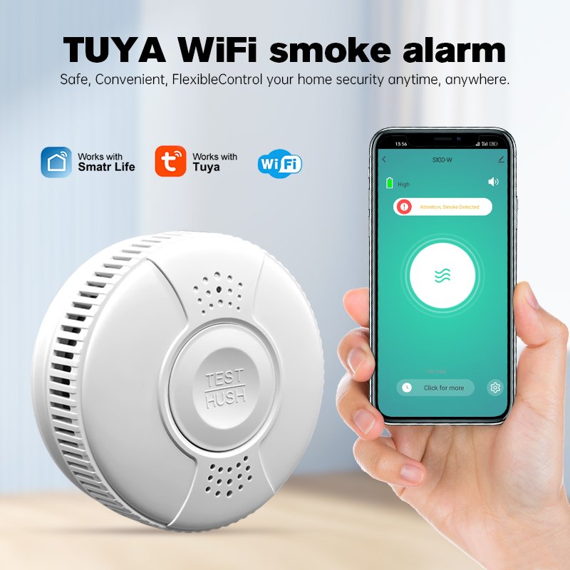 Shenzhen Manufacturer Hotels Wireless Fire Security Smoke Alarm 85Db Tuya Wifi Fire Sensor Smart Smoke Alarm Detector