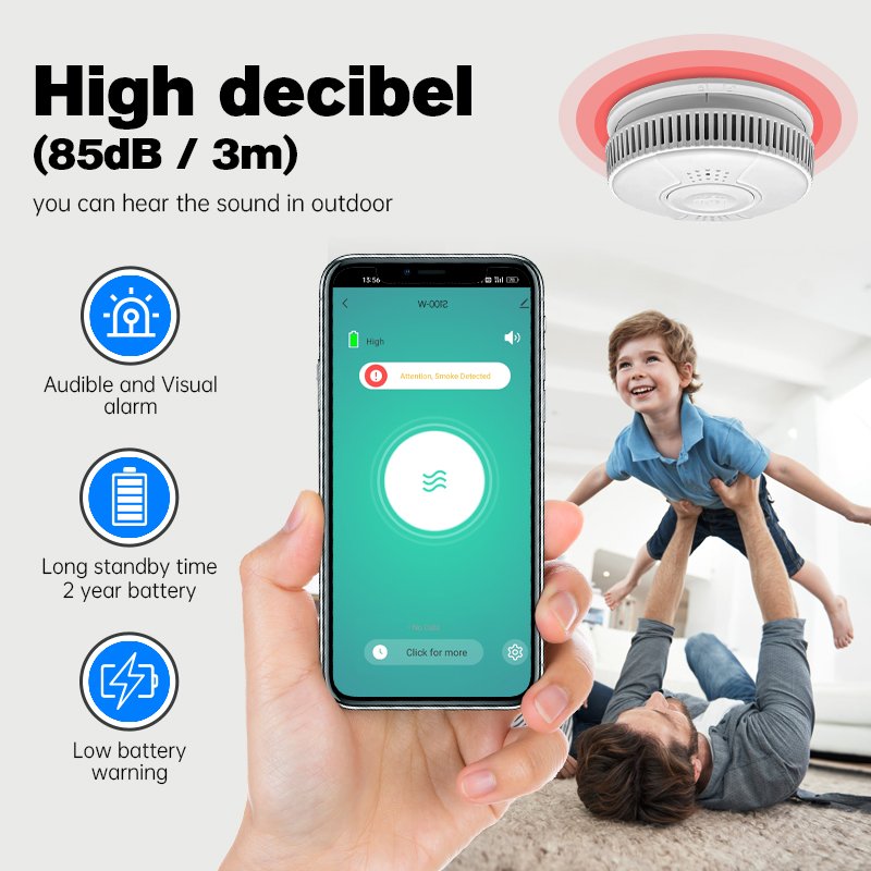 Shenzhen Manufacturer Hotels Wireless Fire Security Smoke Alarm 85Db Tuya Wifi Fire Sensor Smart Smoke Alarm Detector