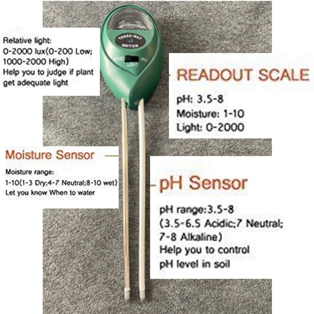 3 in 1 Soil PH Meter Sunlight PH Tester Garden Flowers Soil Moisture Sensor Meter Plants Acidity Humidity PH Monitor Detector