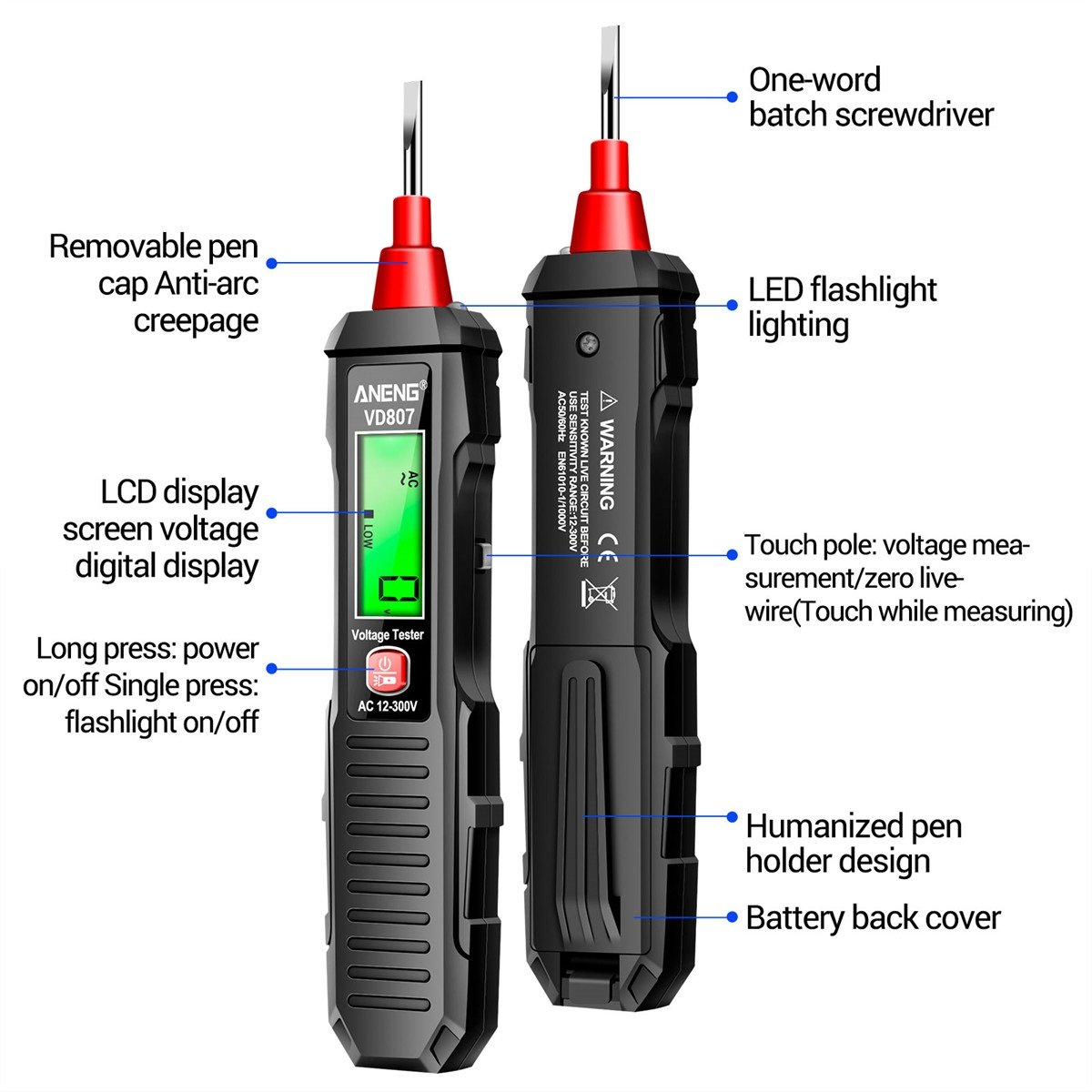 VD807 Portable Smart Electric Pen Tester Slotted Induction NCV Sensor Non-Contact AC 12-300V Wire Detector Tool OEM Customizable