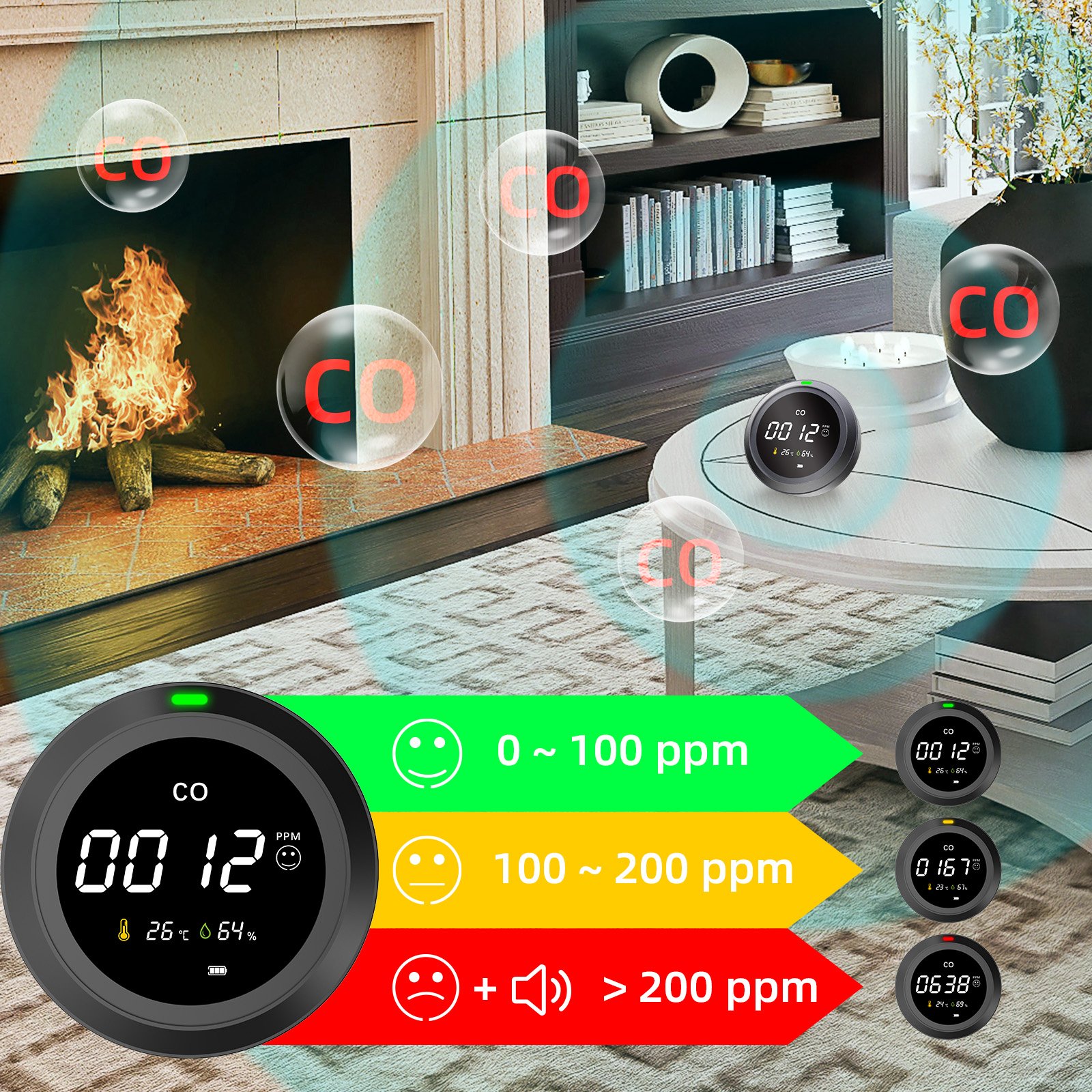 Indoor small simple intelligent carbon monoxide detector temperature and humidity meter
