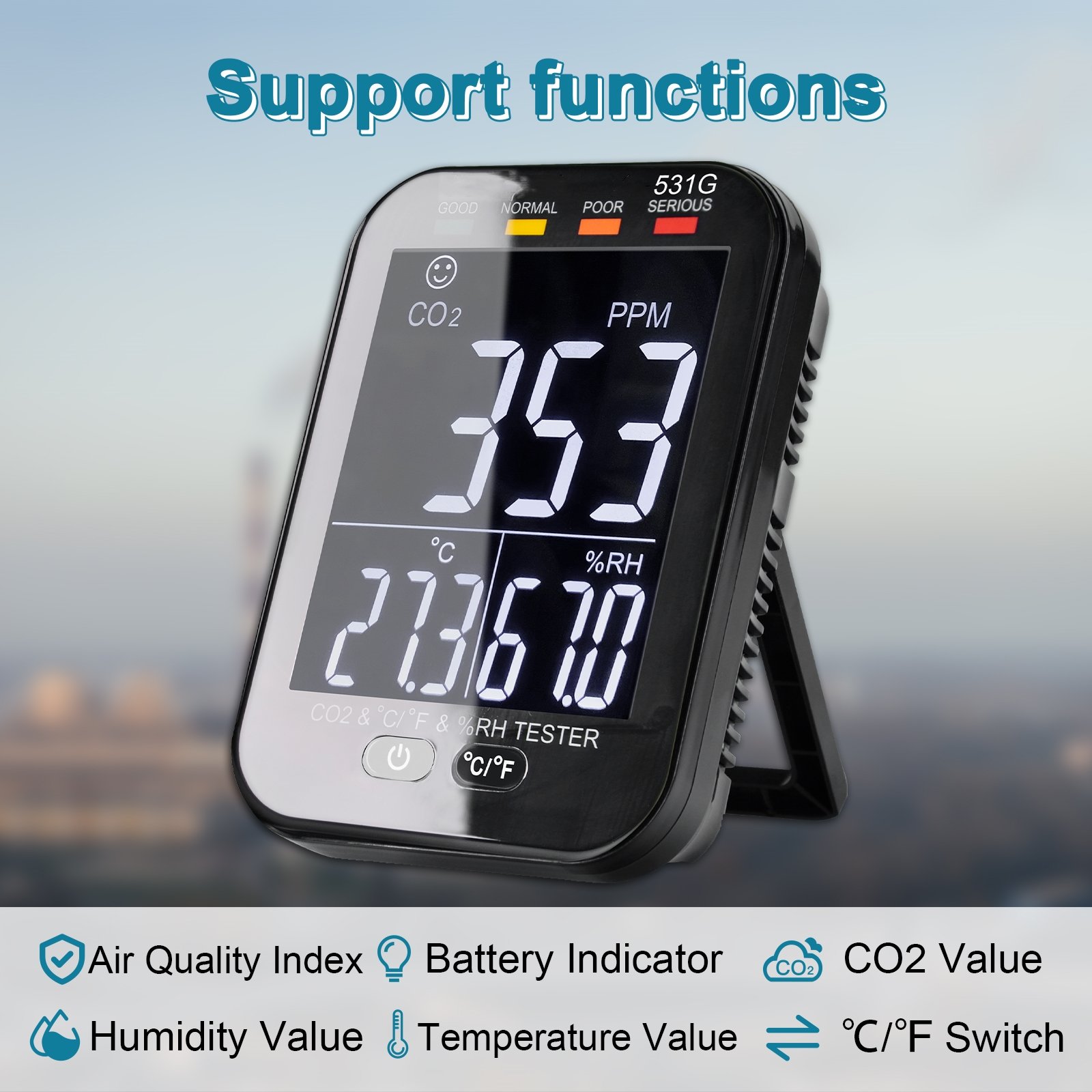 Holdpeak HP-531G Portable CO2 Detector 3 in 1 Indoor Air Quality Monitor with Tempe, Alarm and Humidity Sensor