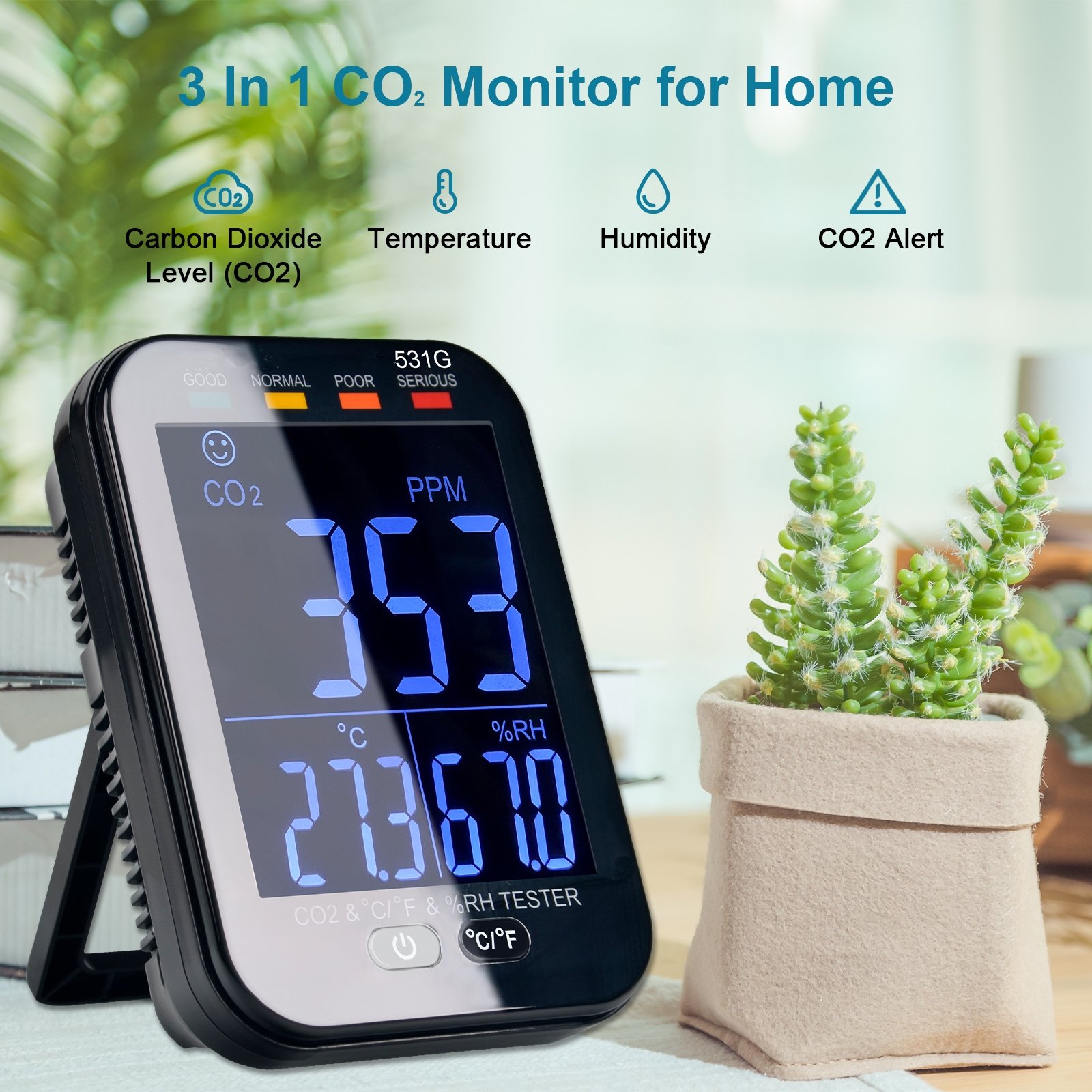 Holdpeak HP-531G Portable CO2 Detector 3 in 1 Indoor Air Quality Monitor with Tempe, Alarm and Humidity Sensor