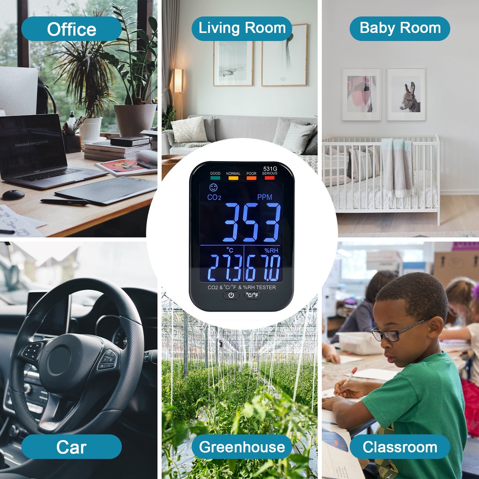 Holdpeak HP-531G Portable CO2 Detector 3 in 1 Indoor Air Quality Monitor with Tempe, Alarm and Humidity Sensor