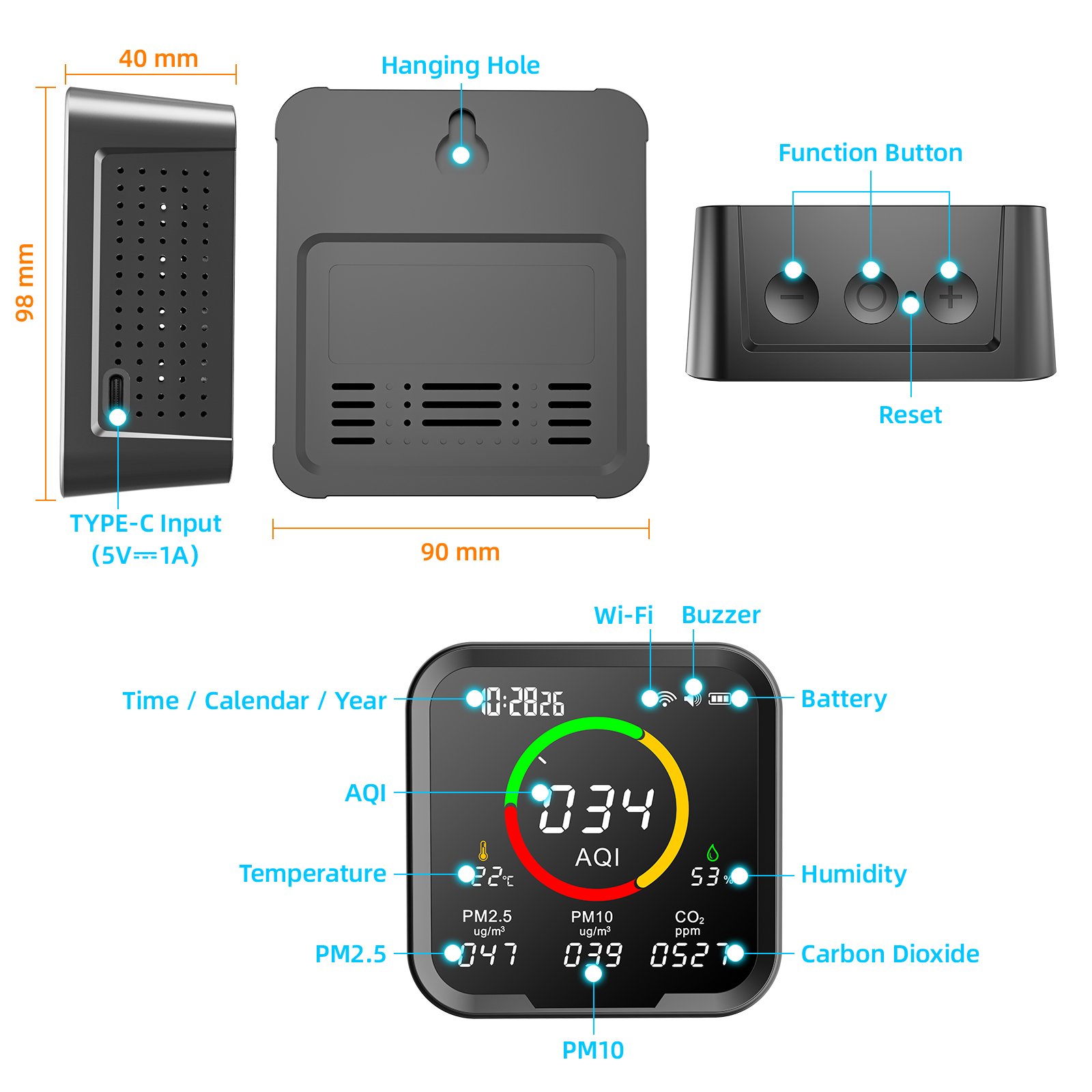 Newest Wifi Air Quality Monitor Carbon Dioxide Detector PM2.5 PM10 AQI meter Air Quality Sensor