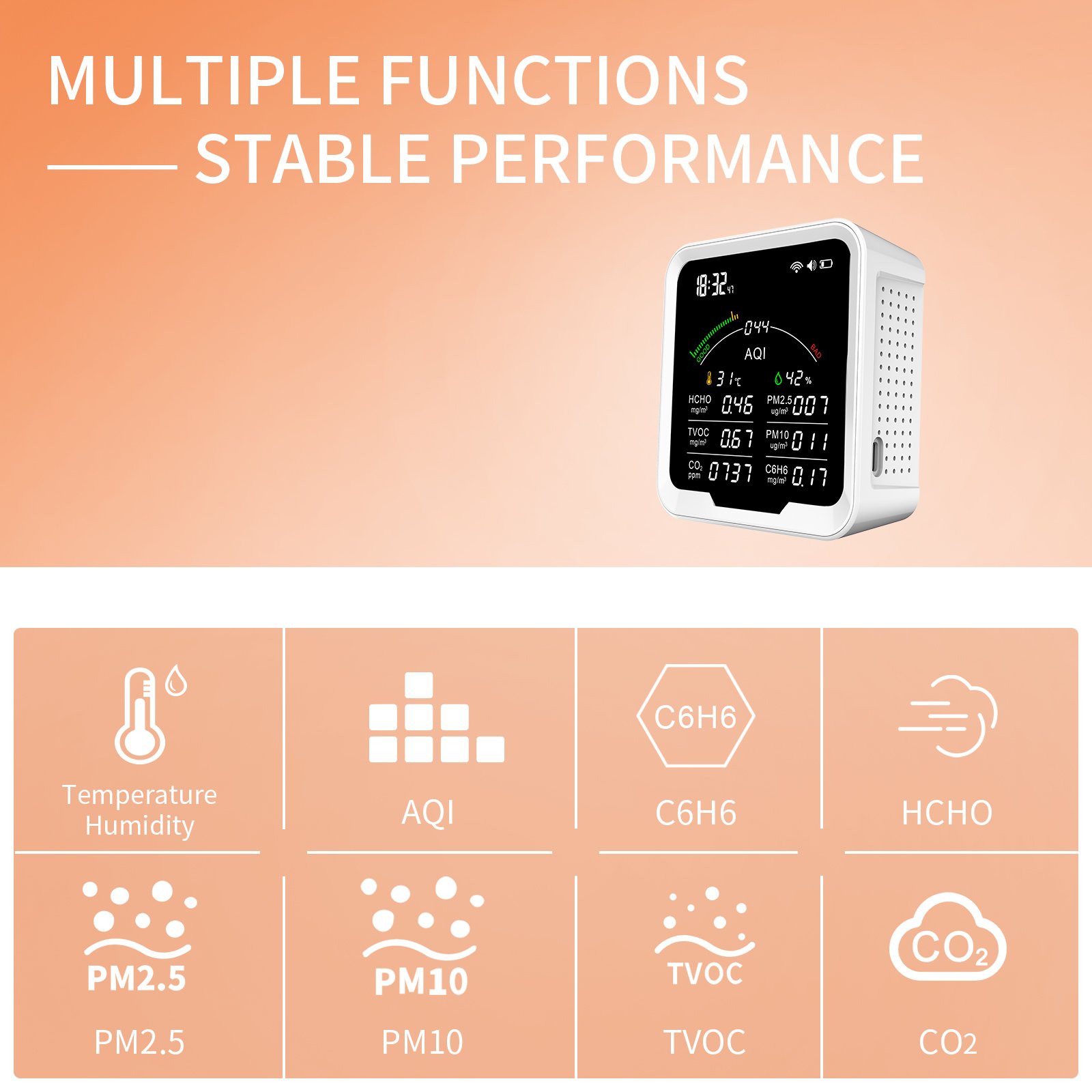 Multi-function Air quality monitor with Tuya wifi , CO2 tester HCHO TVOC PM2.5 PM10 C6H6 gas monitor