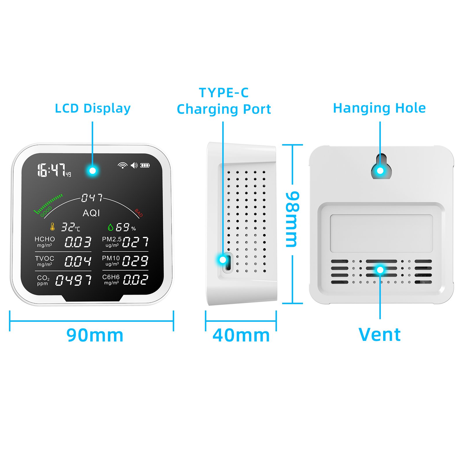 Multi-function Air quality monitor with Tuya wifi , CO2 tester HCHO TVOC PM2.5 PM10 C6H6 gas monitor