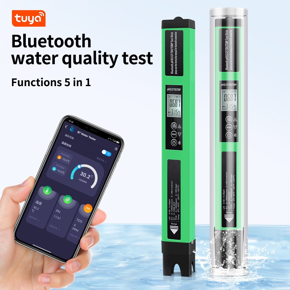 New Smart 5 In 1 Water Quality Tester LCD Digital PH EC CF TEMP TDS Detector Mobile APP Control Water Meter For Aquarium