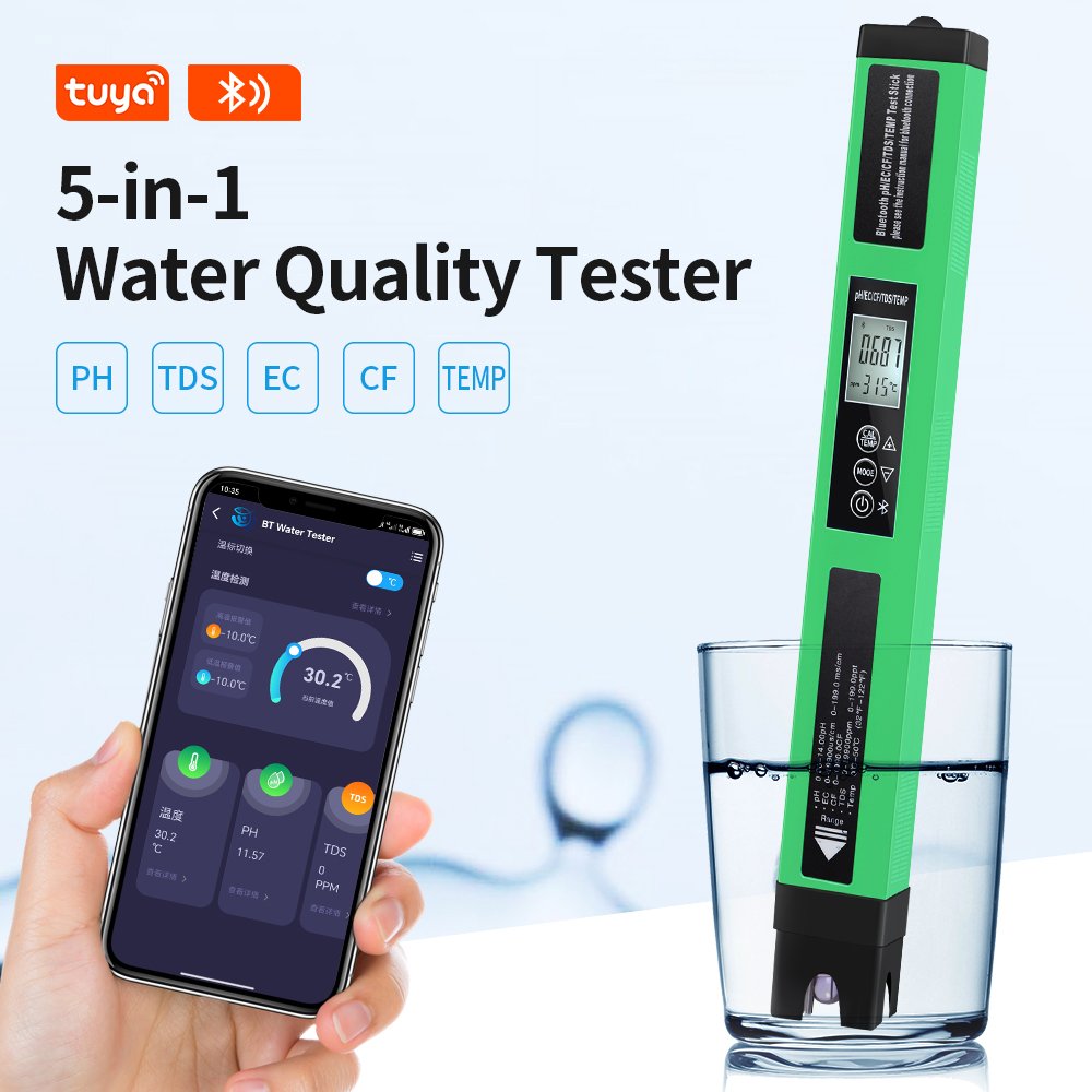 New Smart 5 In 1 Water Quality Tester LCD Digital PH EC CF TEMP TDS Detector Mobile APP Control Water Meter For Aquarium