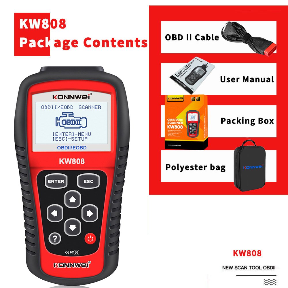 Konnwei KW808 12v dc Vehicle Diagnostic Scanner Red color For engine test detect 12V gasoline and diesel cars AL519 Autel