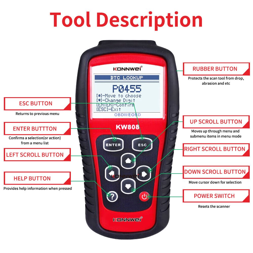 Konnwei KW808 12v dc Vehicle Diagnostic Scanner Red color For engine test detect 12V gasoline and diesel cars AL519 Autel