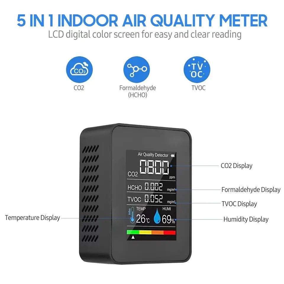 5 in 1 Air Quality Monitor Meter Indoor CO2 Alarm Detector Digital Thermometer Humidity Tester