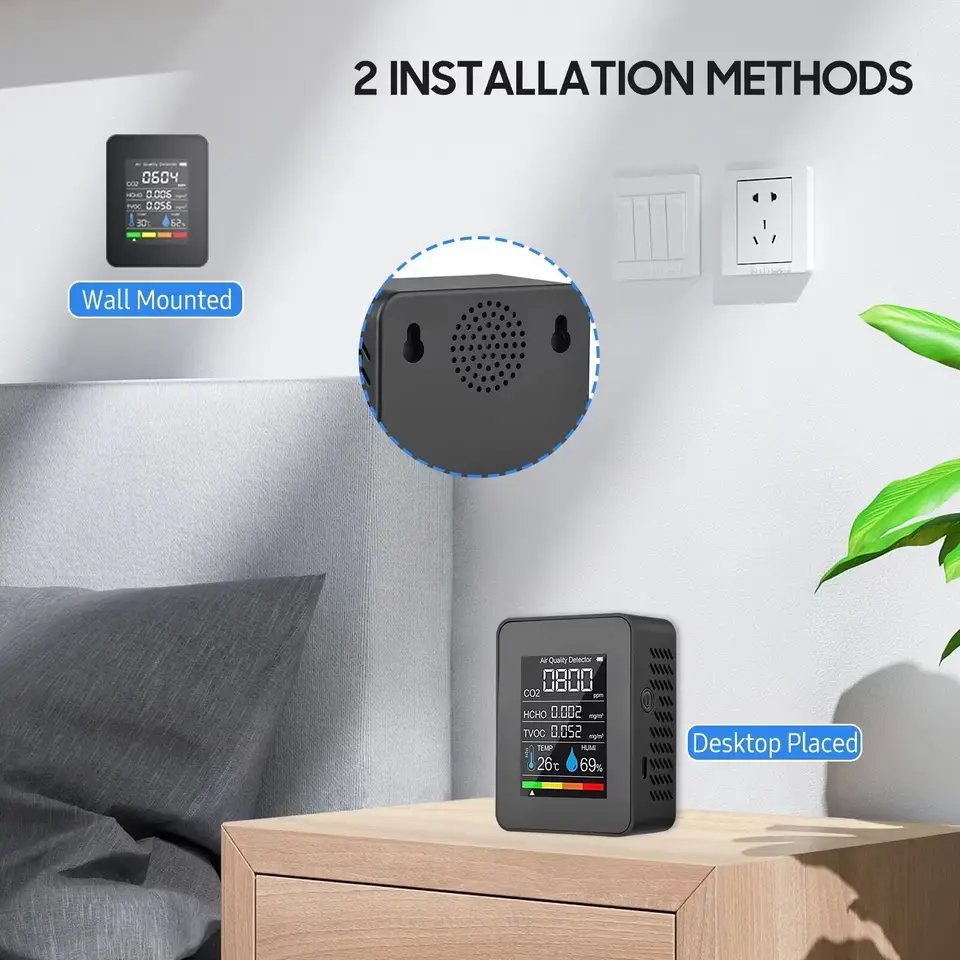 5 in 1 Air Quality Monitor Meter Indoor CO2 Alarm Detector Digital Thermometer Humidity Tester