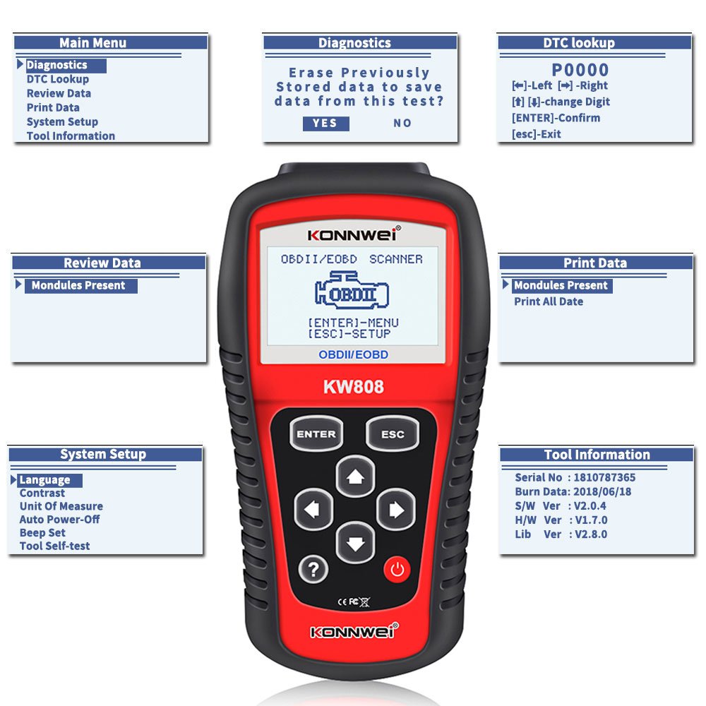 Factory direct vehicle diagnostic machine Konnwei kw808 OBD2 scanner autoescaner automotriz OBD2 diagnostic machine for all cars