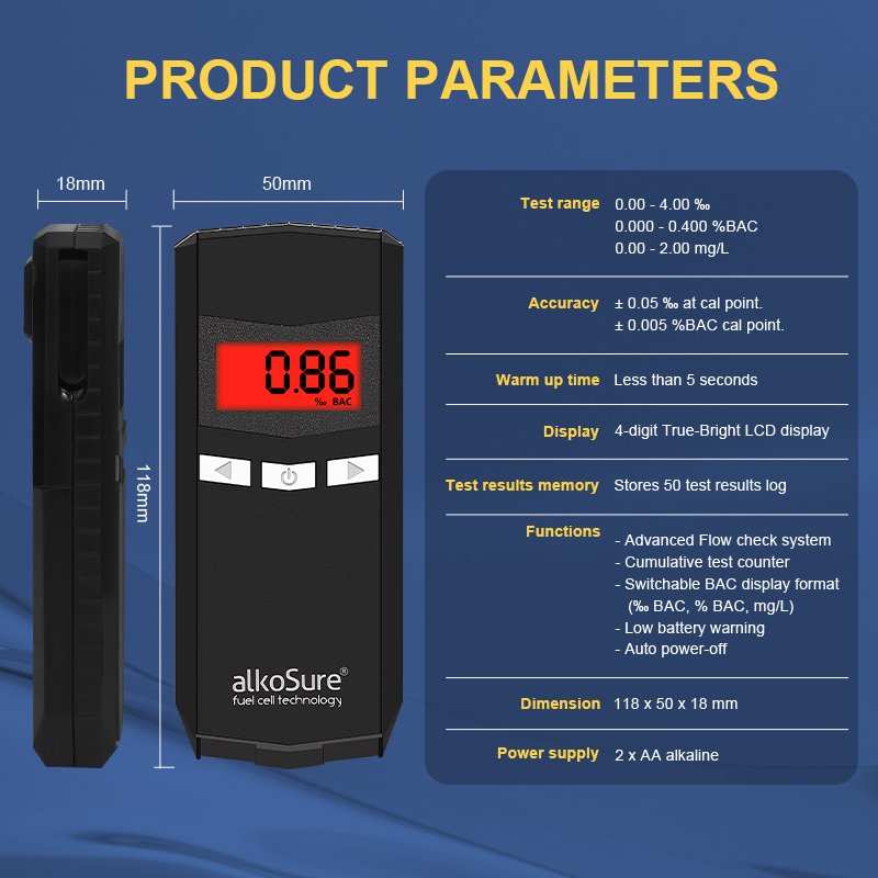 Highest accuracy fuel cell alcohol tester breathalyser portable test device