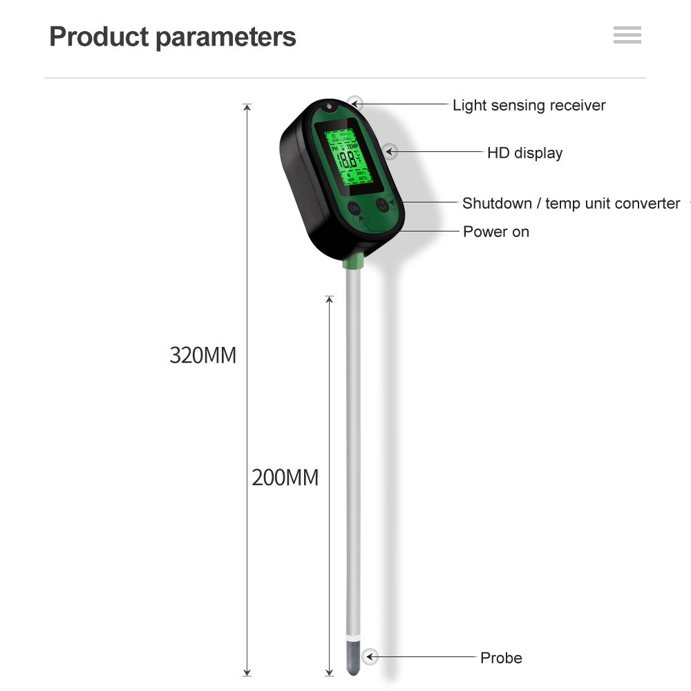 Handheld Digital Temperature Sunlight PH Soil Moisture Detector Meter For Vineyards Orchards Planters Lawn Gardens Agriculture
