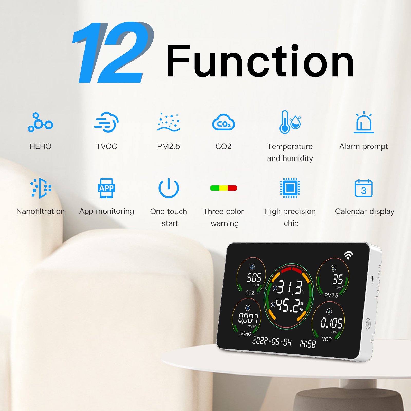 7 in 1 Indoor Air Quality Monitor High Accuracy CO2 Detector Pm2.5 TVOC HCHO Tester Temperature and Humidity Meter