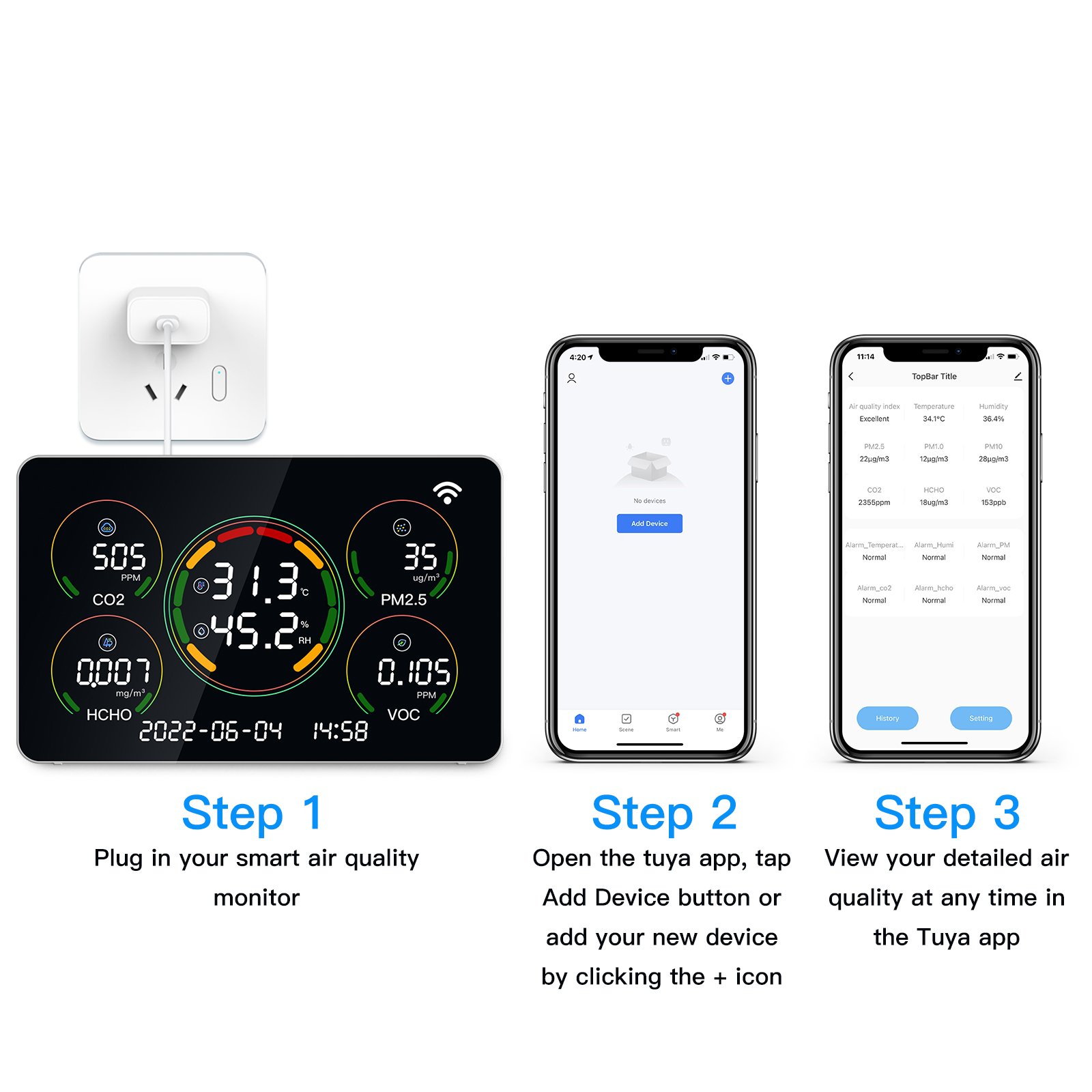7 in 1 Indoor Air Quality Monitor High Accuracy CO2 Detector Pm2.5 TVOC HCHO Tester Temperature and Humidity Meter