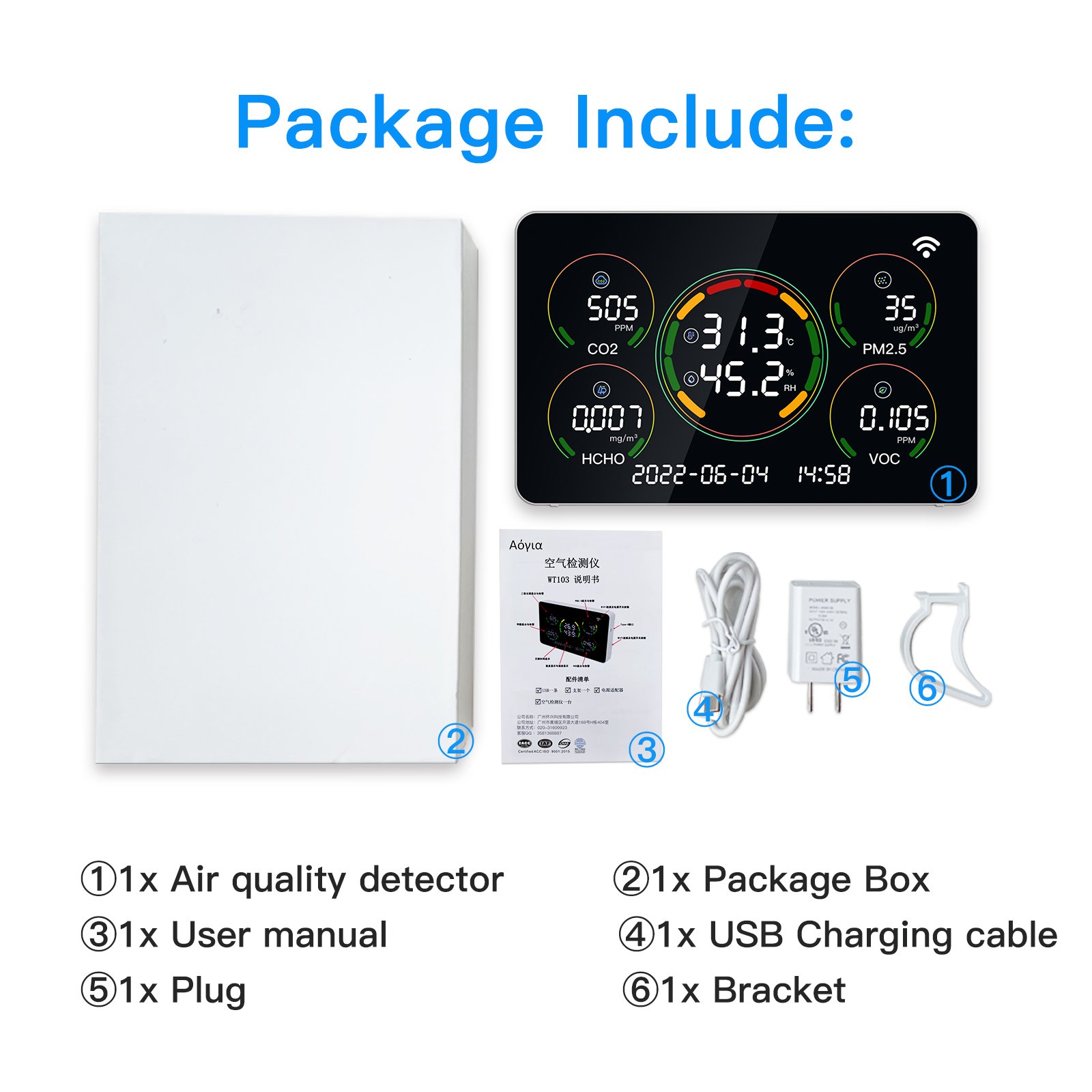 7 in 1 Indoor Air Quality Monitor High Accuracy CO2 Detector Pm2.5 TVOC HCHO Tester Temperature and Humidity Meter