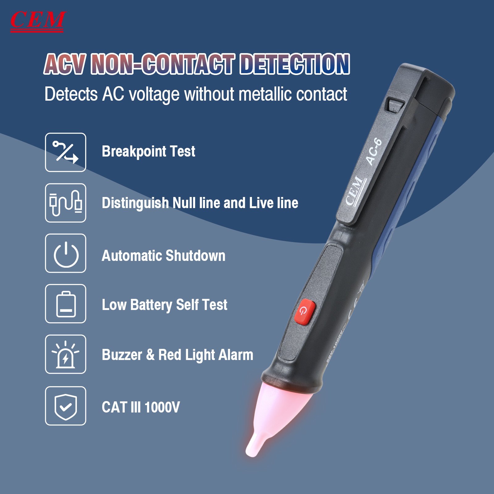 CEM AC-6 50-1000v Sound And Led Alarm Test Pen Type Non-contact Ac Voltage detector
