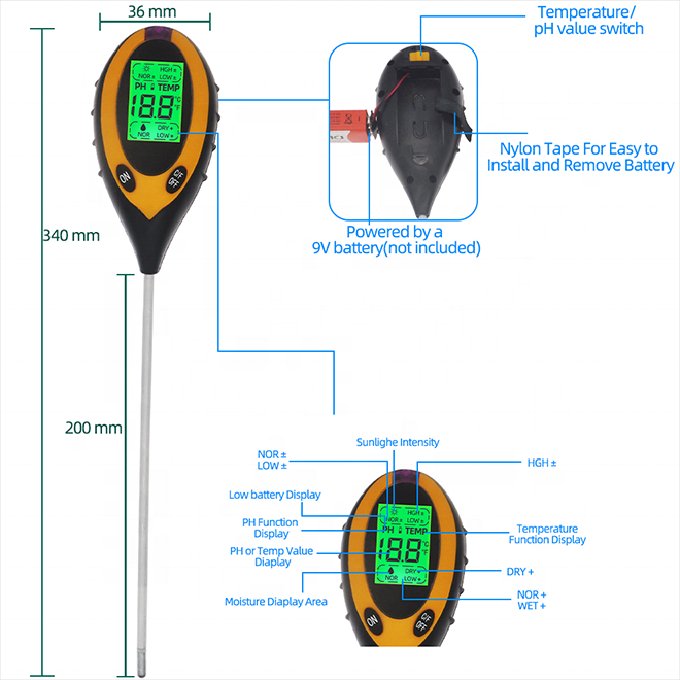 3 in 1 Soil PH Meter Sunlight PH Tester Garden Flowers Soil Moisture Sensor Meter Plants Acidity Humidity PH Monitor Detector