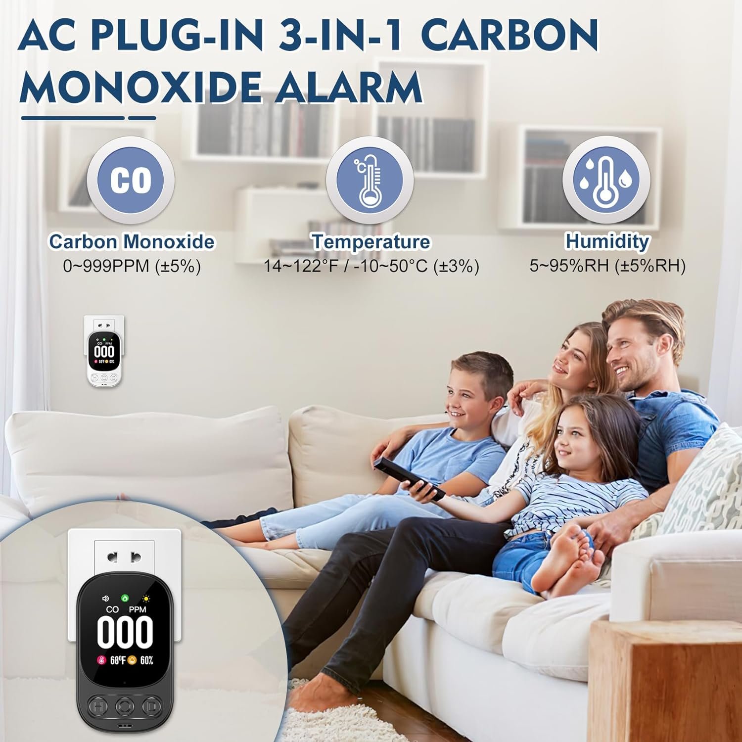 Smart CO Level Monitor Alarm Carbon Monoxide Gas Tester Plug in with Temperature Humidity Sensor