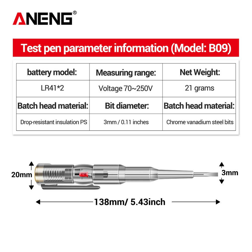 ANENG B09 Electric Screwdriver Probe With Indicator Light Voltage Meter Sensor Pen Detector Tester Tool AC/DC Plastic Induced