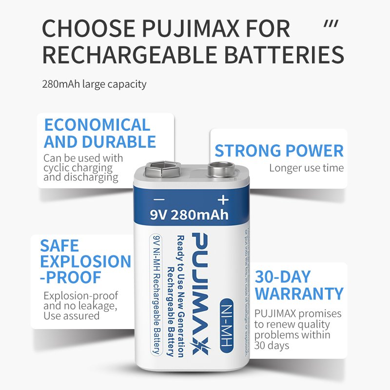 PUJIMAX High Quality 1Pcs 9V Ni-MH Rechargeable Battery 280mAh For Wireless Microphones Multimeter Remote Control