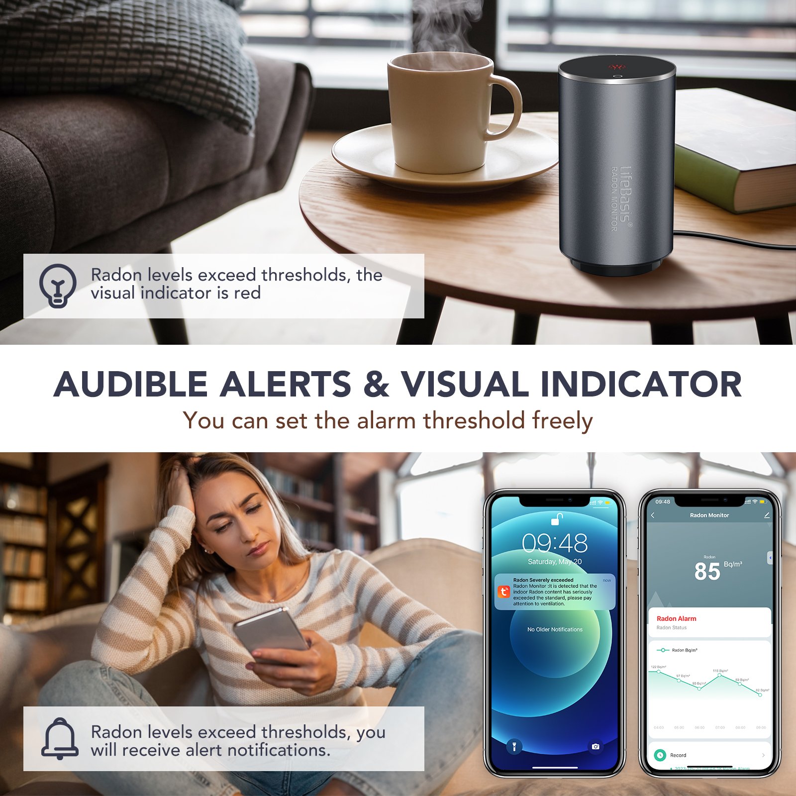 Lifebasis WIFI Home Radon Detector with Pulse Ion Chamber Sensor